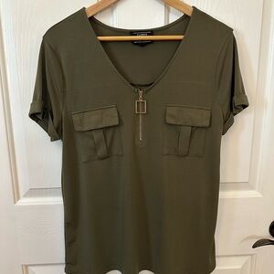 Chic Olive Short Sleeve Top with Zipper by Fleer & Feather